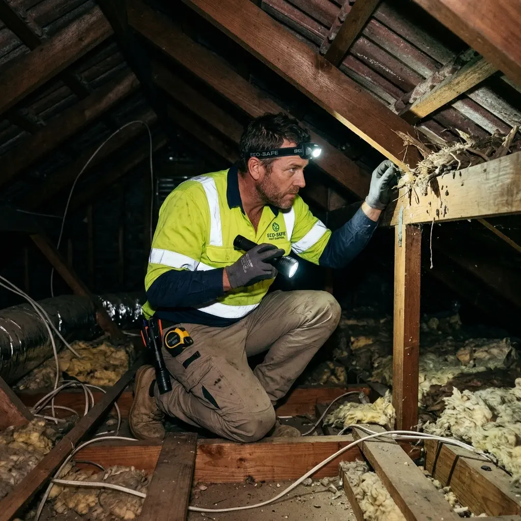 Technician inspecting a roof cavity for a dead animal in St Kilda West