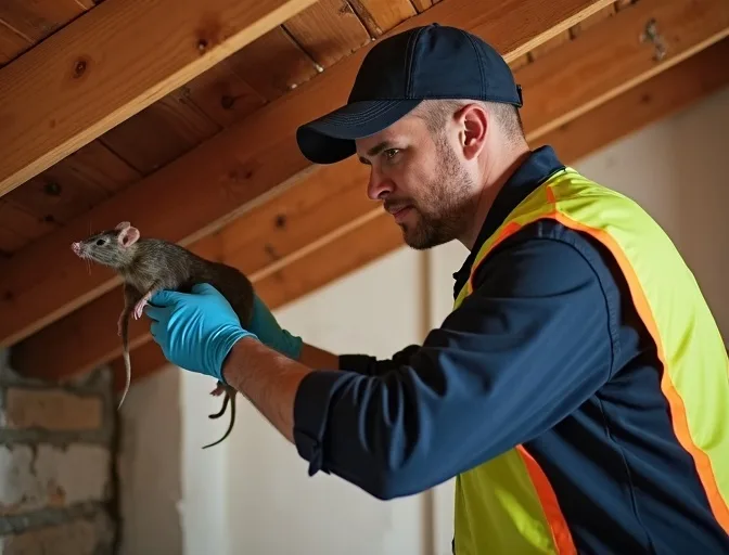 Technician inspecting a roof cavity for a dead rat in St Kilda West